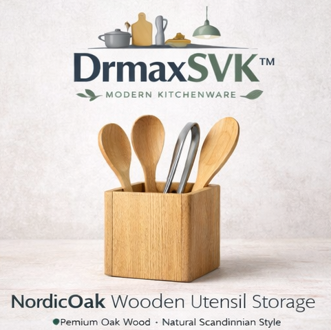 DrmaxSVK™ NordicOak Wooden Utensil Storage Holder